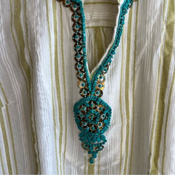 Soft Surroundings Elisha Tunic Green Striped Turquoise Bead Trim Gauze Top - Picture 4 of 7